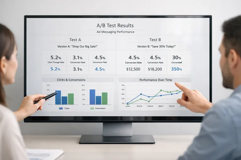 Farklı reklam mesajlarını karşılaştıran A B testi sonuçlarının gösterildiği pazarlama raporu ekranı