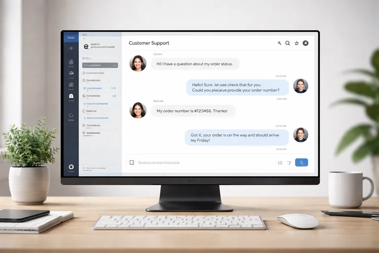 Bilgisayar başında müşteri sorularını yanıtlayan destek temsilcisi ve açık sohbet penceresi