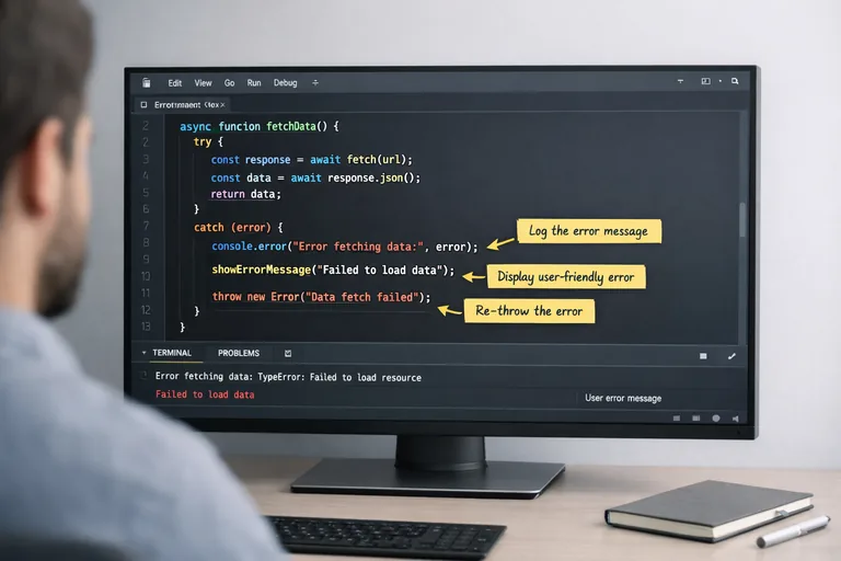 Hata mesajlarını bağlamla zenginleştirmek Kod editöründe try catch blokları ve yanında notlarla hata mesajlarının bağlamla zenginleştirilmesinin planlanması