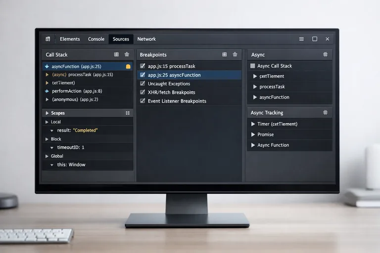 Devtools ekranında call stack, breakpoints ve async izleme paneli açıkken kod akışının adım adım incelenmesi