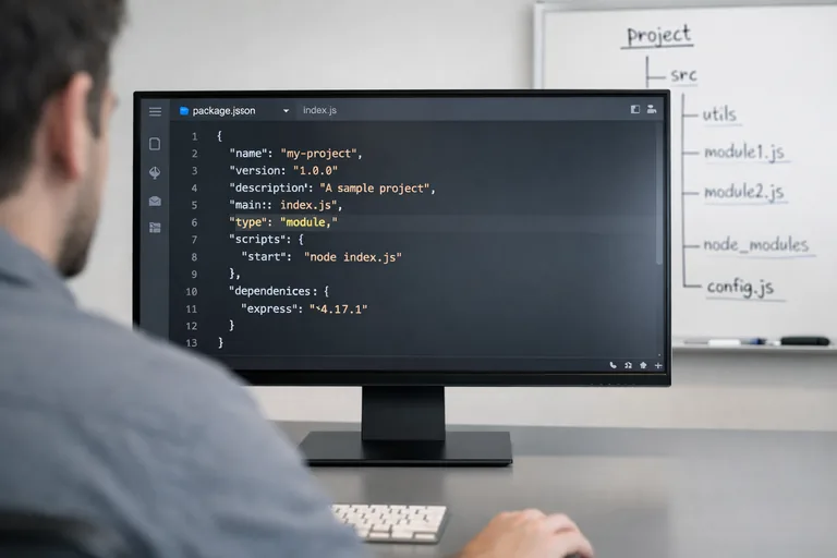 package.json açıkken type alanı düzenleniyor, yanında dosya uzantılarıyla klasör yapısı şeması