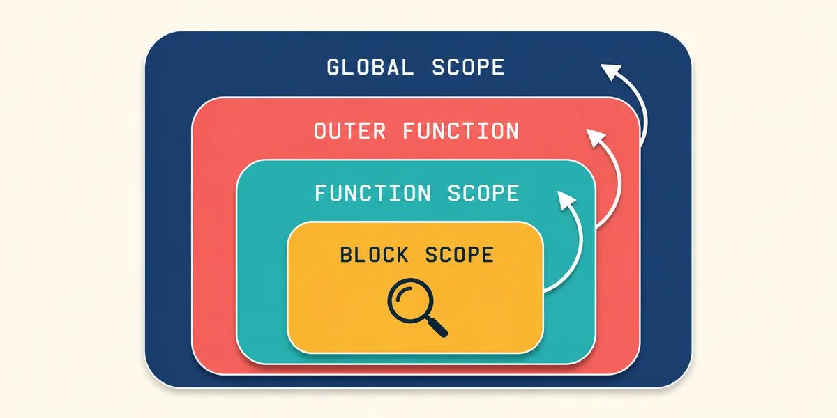 Lexical scope chain değişken arama hiyerarşisi Lexical scope chain diyagramında global block dış fonksiyon iç fonksiyon iç içe kutular ve yukarı yönlü değişken arama okları