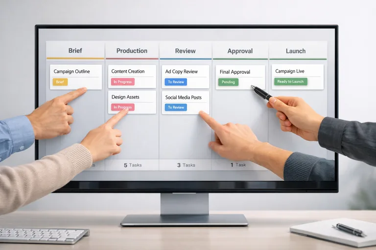 Üretim ve onay akışı panosu Kanban panosunda brief, üretim, kontrol ve yayına alma aşamalarını gösteren kartlar