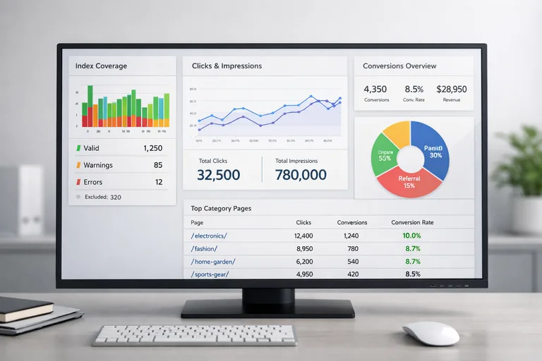 Bir SEO panelinde kategori sayfaları için index durumu, tıklama ve dönüşüm metriklerinin yer aldığı rapor görünümü