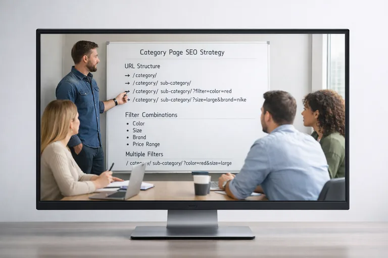 Filtre stratejisini ekipçe planlamak Bir ekip toplantısında URL haritası ve filtre kombinasyonlarının beyaz tahta üzerinde planlandığı çalışma ortamı