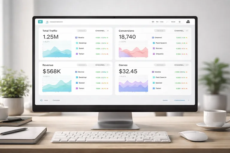 Dashboard üzerinde cihaz ve kanal segmentlerine ayrılmış KPI kartları ve yan yana kıyas grafikleri