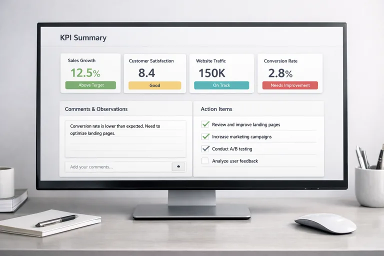 Rapor şablonunda KPI kartları, yorum alanı ve aksiyon maddeleri bulunan düzenli bir sayfa görünümü