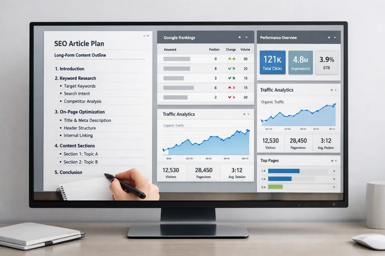 Uzun içerik planlama ve SEO içerik stratejisi Bir içerik uzmanı bilgisayar başında uzun kapsamlı makale planı hazırlarken SEO veri panelleri açık şekilde çalışıyor