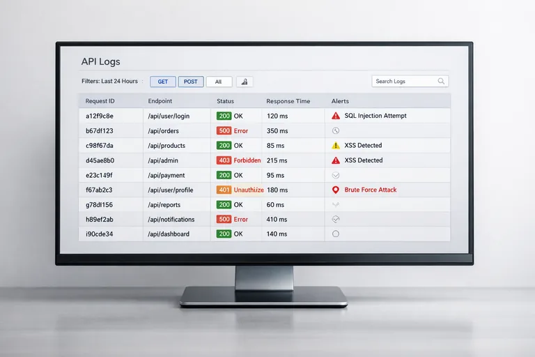API loglarını standart hale getirmek Bir monitörde API log ekranı, request id alanı, status kodları ve gecikme süreleriyle birlikte takip edilen istek listesi