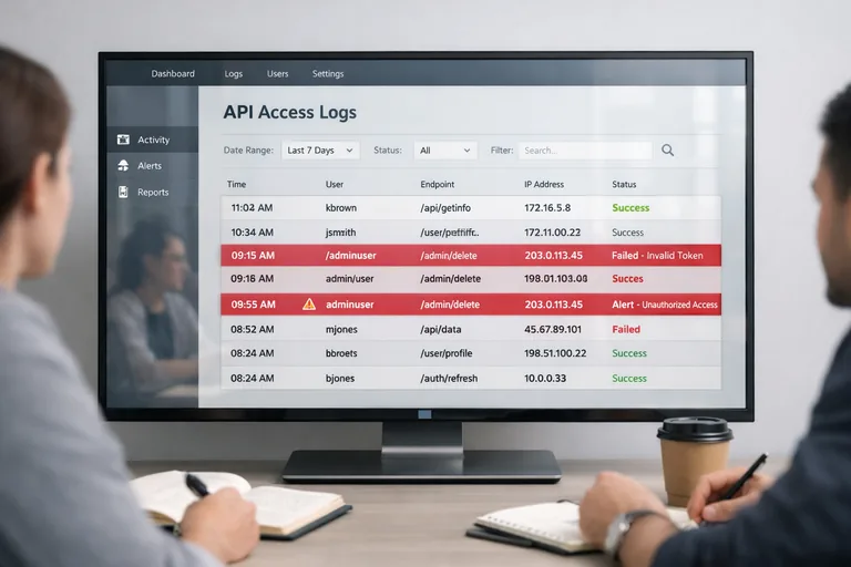 Bir ekip toplantısında API erişim günlükleri ve güvenlik uyarılarıyla risk analizi yapılması