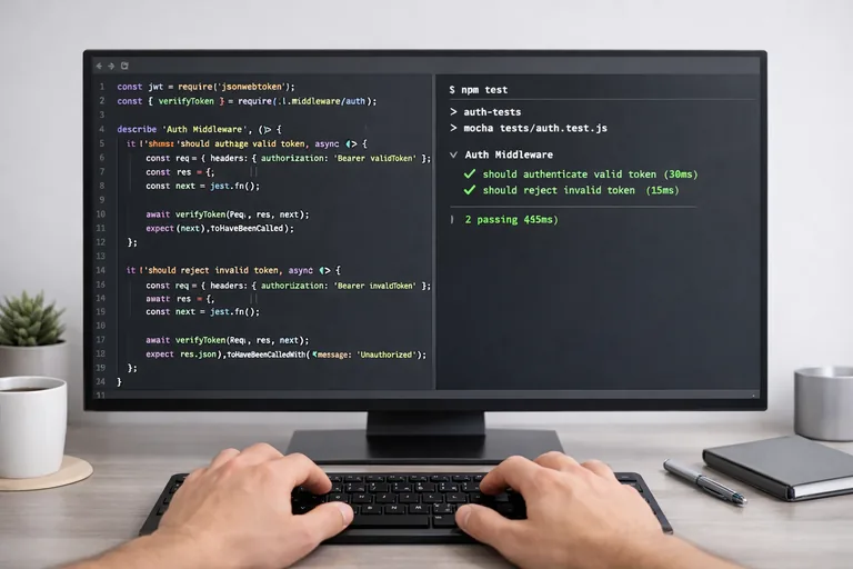 Kod editöründe Node.js projesinde kimlik doğrulama middleware dosyasının düzenlenmesi ve test ekranı