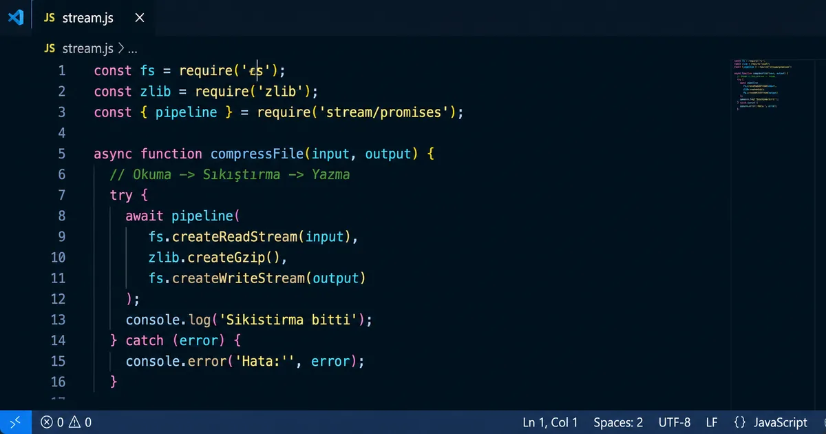 VS Code editörde fs stream pipe gzip zincir kodu VS Code dark theme stream.js editör fs createReadStream pipe zlib createGzip pipe createWriteStream zincir kodu syntax highlight