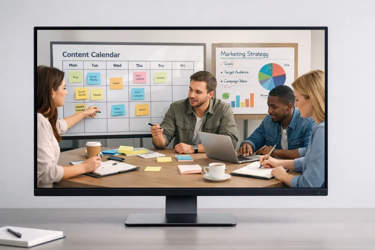 Bir ekip toplantı masasında içerik planı ve pazarlama stratejisi üzerine notlar inceliyor