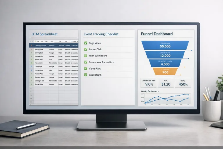UTM şablonu ve funnel raporu yan yana Laptop ekranında UTM şablonu, event listesi ve funnel raporu aynı anda açık şekilde yan yana duruyor