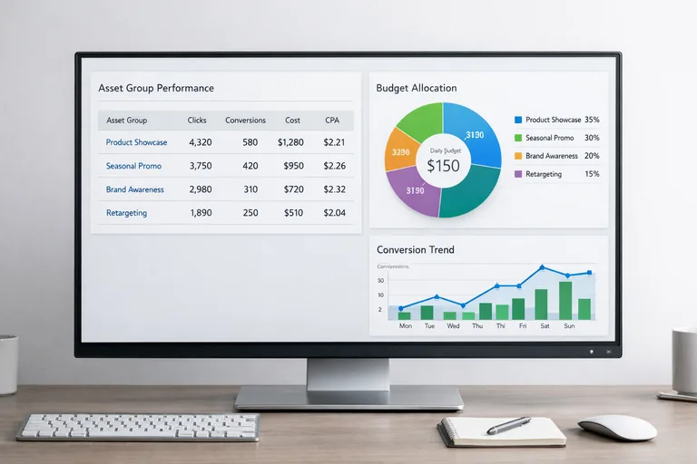 Bir raporlama ekranında varlık grubu performansı, bütçe dağılımı ve dönüşüm trendi aynı panelde izleniyor