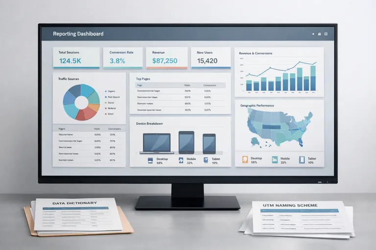 Veri sözlüğü dokümanı, UTM şeması ve dashboard bileşenleri aynı masada bir araya getirilmiş