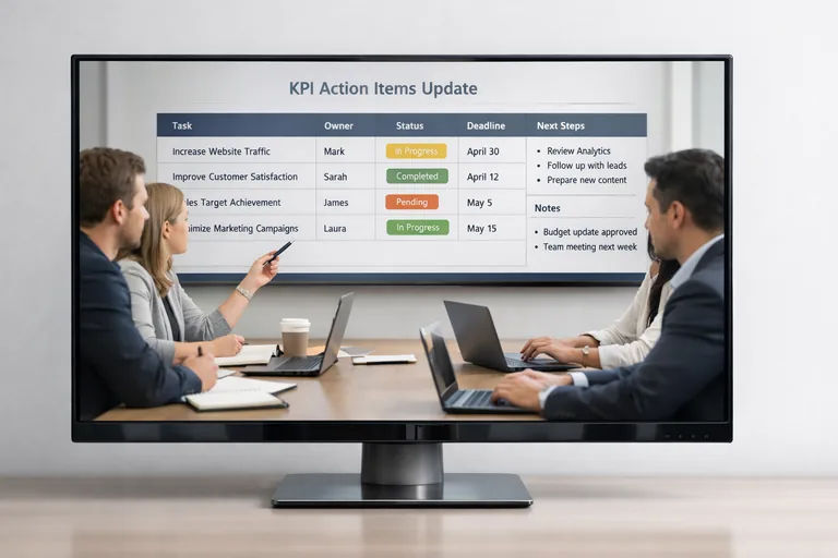 Haftalık rapor toplantısında ekip, KPI hedefleri ve aksiyon maddelerini ortak tabloda güncelliyor