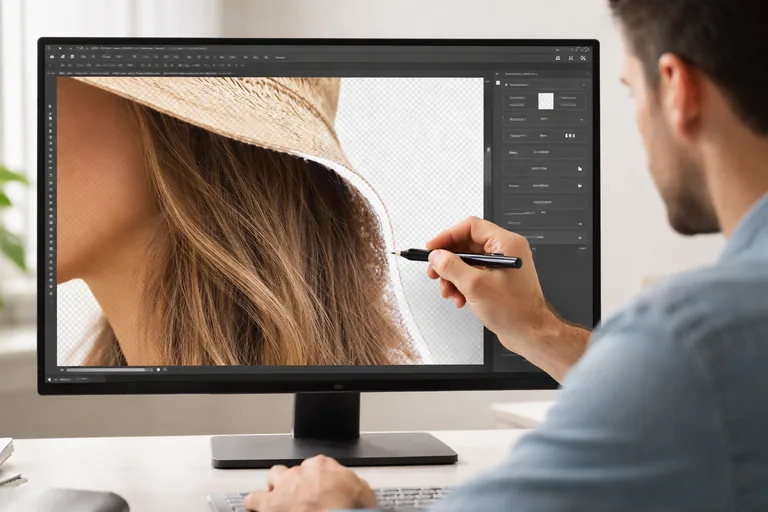 Maske görünümünü tek başına inceleyip fırça ile kenarları düzelten bir çalışma düzeni, yakınlaştırılmış detay kontrolü