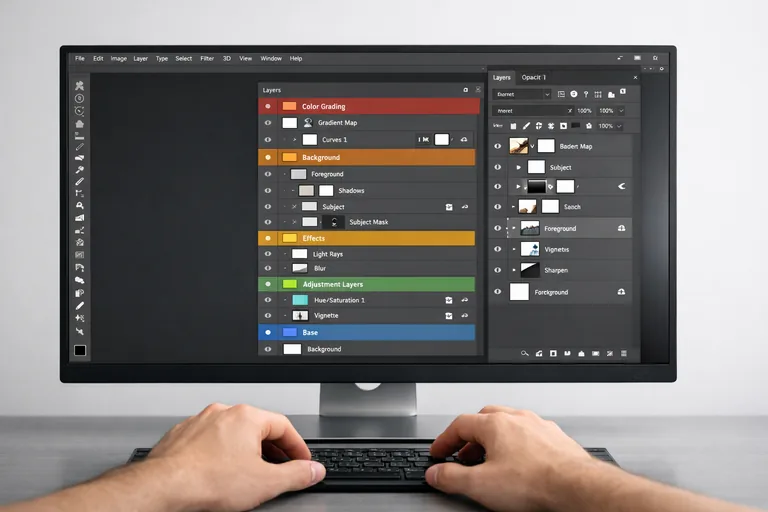 Katman grupları, renk etiketleri ve akıllı filtreler ile düzenli bir dosya yapısı örneği