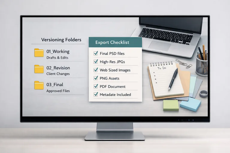 Export öncesi kontrol listesi, isimlendirme ve sürüm klasörleri ile düzenli teslimat düzeni masası