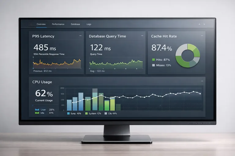 Sunucu izleme panelinde P95 gecikme, sorgu süresi ve önbellek isabet oranı metriklerinin birlikte görünmesi