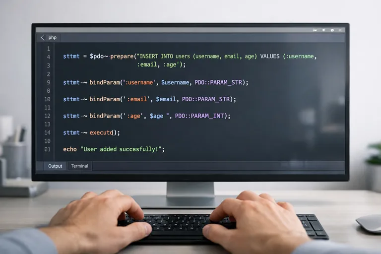 Kod editöründe PDO prepare ve execute adımları, parametre isimleriyle birlikte okunabilir biçimde uygulanıyor