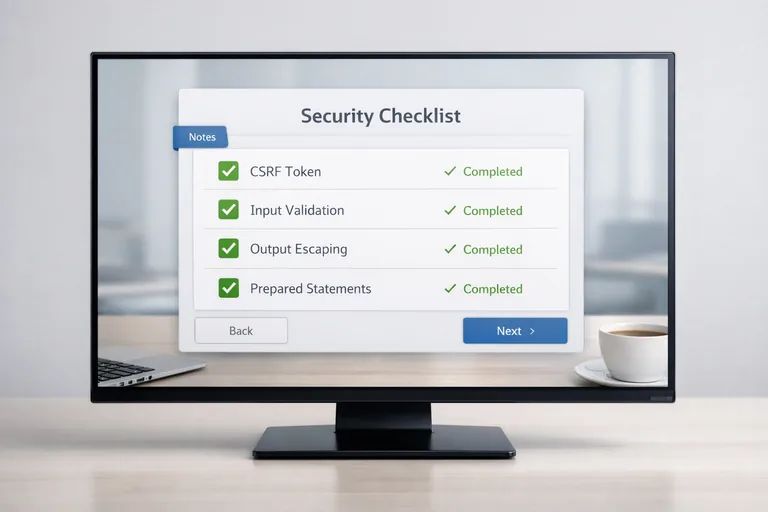 Güvenlik kontrol listesinde doğrulama, CSRF, prepared statement ve çıktı kaçışlama maddeleri işaretlenmiş durumda