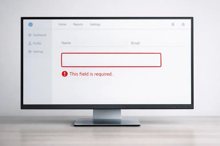 React form arayüzünde bir input alanı kırmızı çerçeve ile işaretlenmiş, altında açıklayıcı hata mesajı ve uyarı simgesi bulunan modern bir tasarım