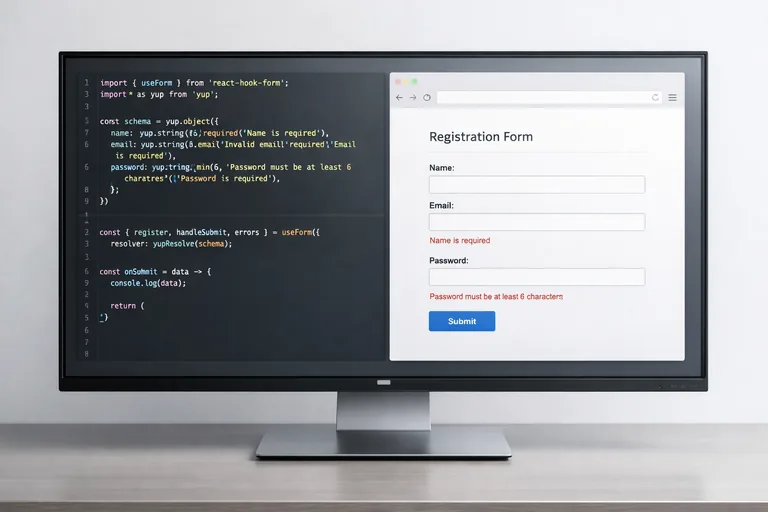 Kod editöründe React Hook Form ve Yup şema tanımı açık, yanında tarayıcıda çalışan bir form uygulaması görünen bir geliştirme ortamı