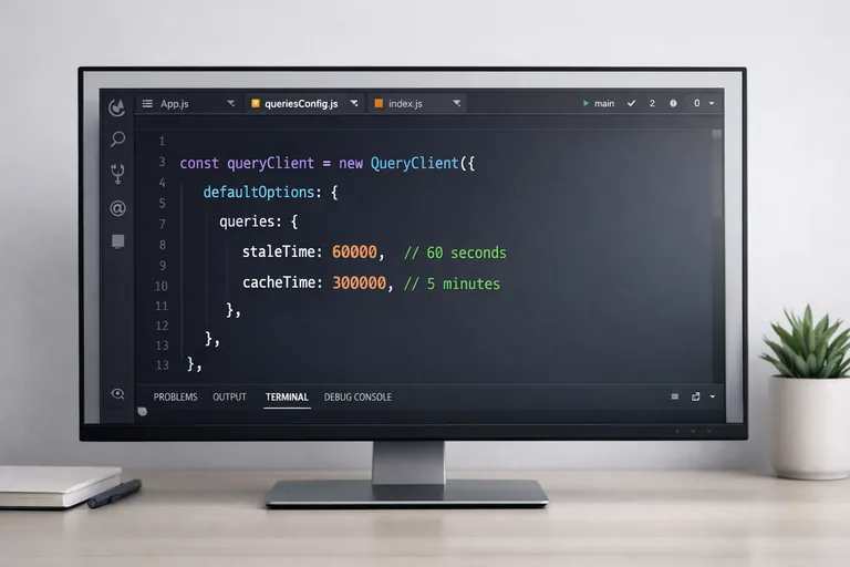 Stale ve cache süresini ayarlamak Geliştirme ekranında React Query ayar paneli, staleTime ve cacheTime değerleri vurgulanmış bir yapılandırma örneği