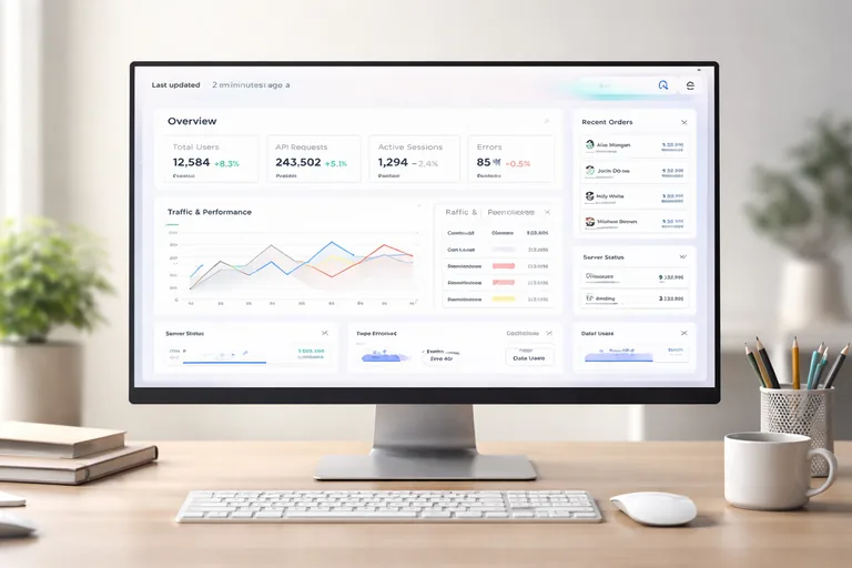 Arka planda veri yenilemek Dashboard arayüzünde arka planda veri yenilenirken yüklenme göstergesi ve güncel zaman damgası bulunan bir ekran tasarımı
