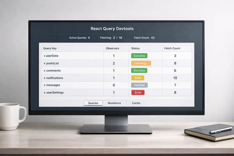 Sorgu durumlarını analiz etmek React Query Devtools panelinde aktif sorgular, fetch sayıları ve durum etiketleri görünen detaylı bir geliştirme arayüzü