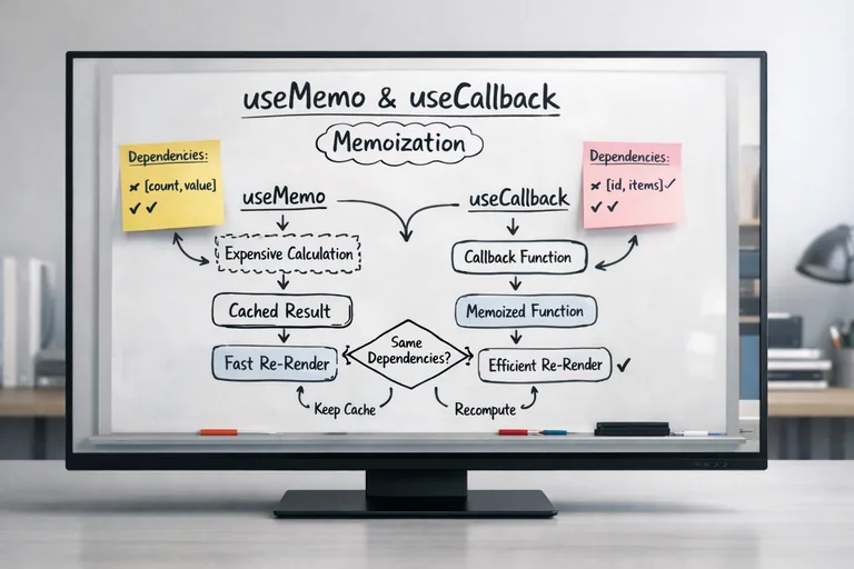 Beyaz tahtada memoization akışı çizilmiş, yanında useMemo ve useCallback etiketleriyle dependency notları