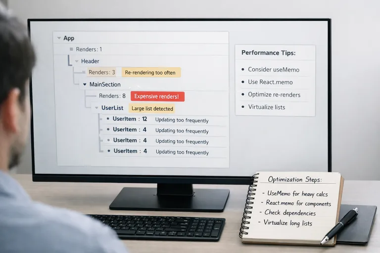 Ekranda bileşen ağacı ve render sayıları gösteren panel, yanında not defterinde optimizasyon maddeleri yazılı