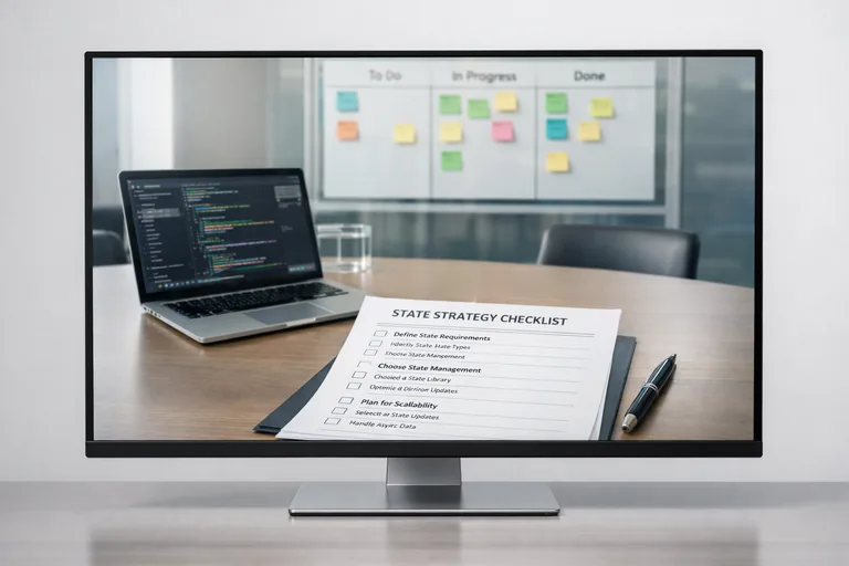 State stratejisini standarda dönüştürmek Toplantı masasında state stratejisi karar maddeleri yazan doküman ve yanında açık bilgisayarda kod inceleme ekranı