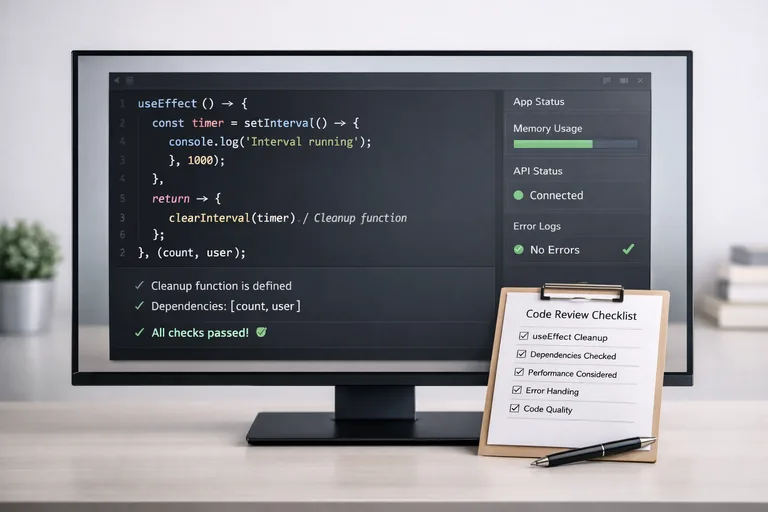 Kod inceleme ekranında useEffect bağımlılıkları ve cleanup satırları işaretlenmiş, yanında kontrol listesi bulunan bir masa düzeni