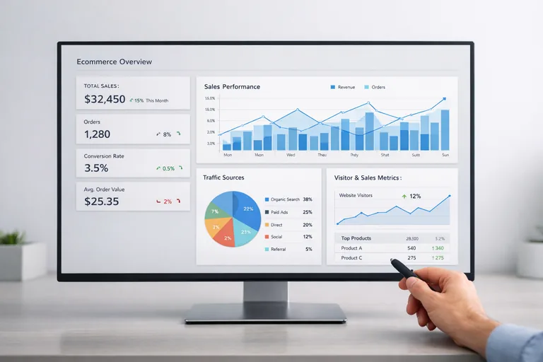Dijital pazarlama performans analiz ekranı Dizüstü bilgisayar ekranında trafik grafikleri ve pazarlama performans raporu incelenmesi