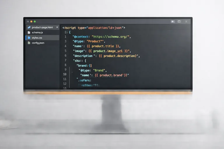 Bir geliştirici ekranında ürün sayfası için schema alanları ve dinamik veri eşleştirmeleri inceleniyor