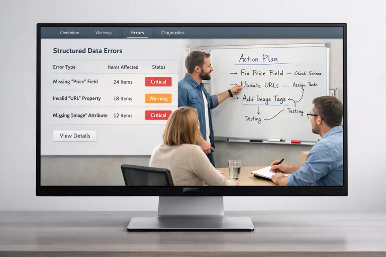 Bir ekip, test sonuçlarındaki hata satırlarını inceleyip aksiyon listesi oluşturuyor