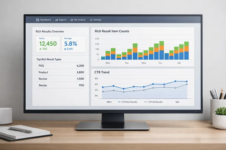 Bir performans panosunda rich result öğe sayıları ve tıklanma oranı trend grafikleri izleniyor