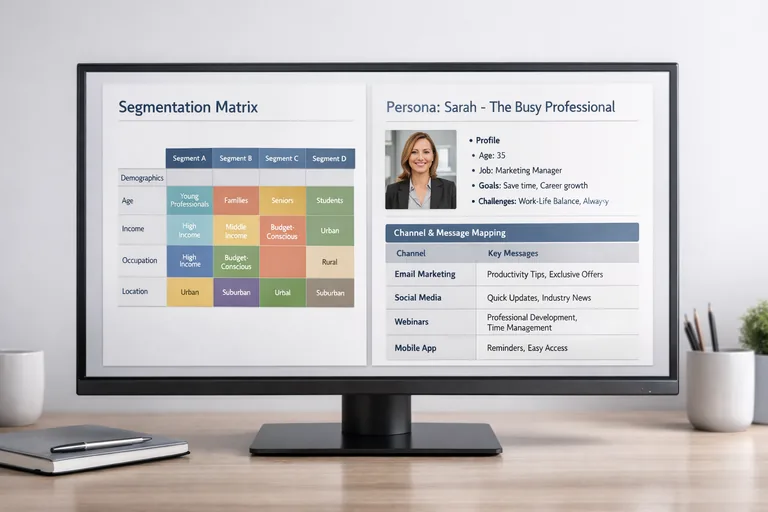 Ekranda segment matrisi, persona özeti ve kanal-mesaj eşleşmesini gösteren bir sunum akışı