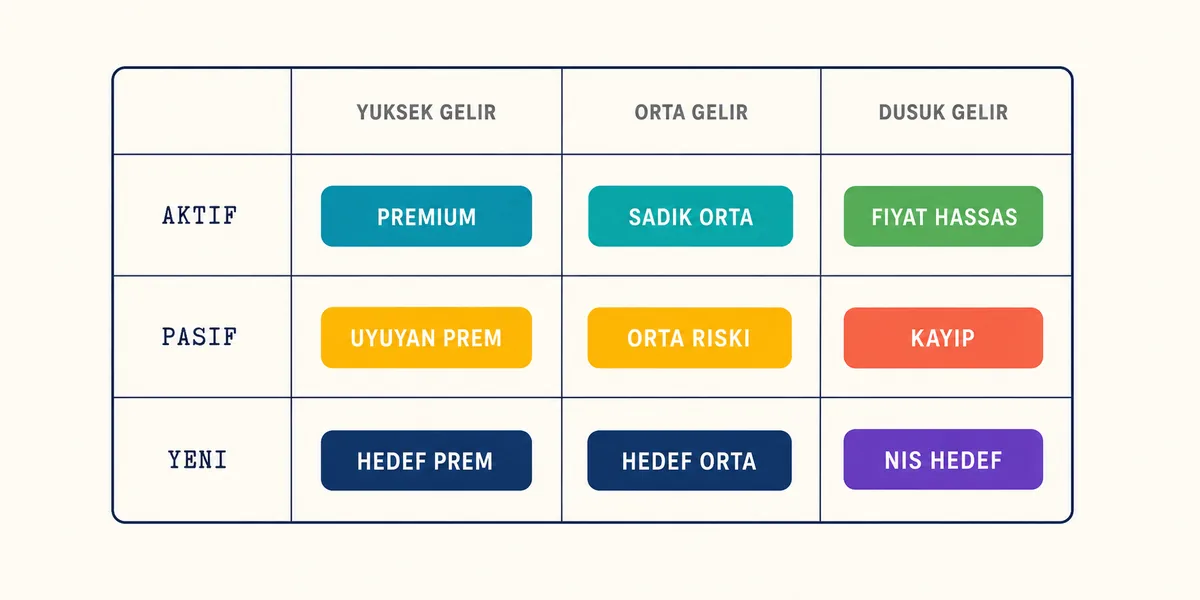 Segmentasyon matrisi 3x3 çapraz hücre 3x3 segmentasyon matrisi gelir seviyesi ile kullanım davranışı çapraz hücre etiketleri Premium Sadık Uyuyan Riski Kaybedilen