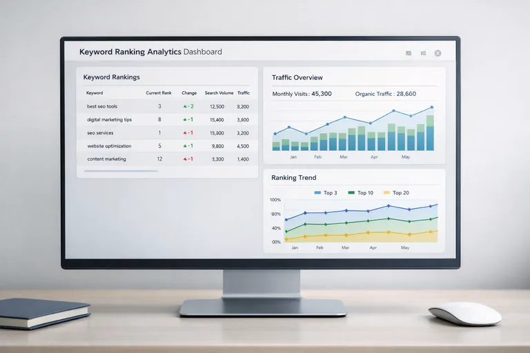 arama sorgularını ve anahtar kelime sıralamalarını gösteren analiz paneli