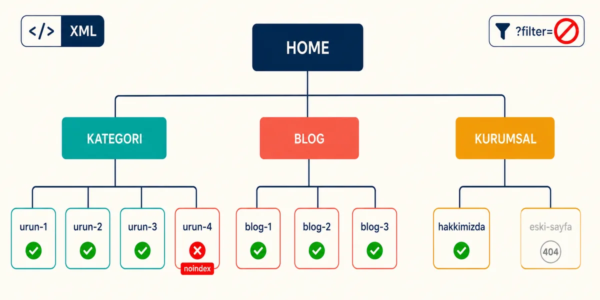 Sitemap XML ağaç hiyerarşi noindex işaretli Sitemap XML hiyerarşi ağaç diyagramı home kök altında kategori ve ürün düğümleri bazı düğümler kırmızı X ile işaretli noindex