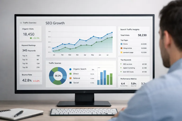 seo performans raporu ve büyüme grafikleri paneli arama motoru performans raporlarını gösteren analitik dashboard üzerinde büyüme grafikleri