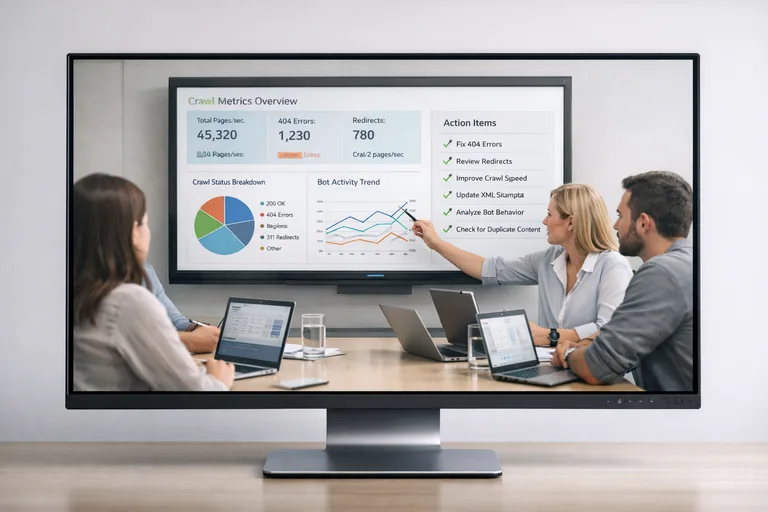 Bulguları aksiyona dönüştürmek ve izlemek Bir ekip toplantısında tarama metrikleri ve aksiyon listesi üzerinden planlama yapılıyor, ekran paylaşımı açık