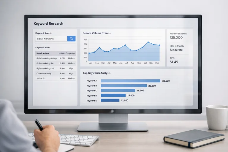 Anahtar kelime araştırması yapan pazarlama uzmanı ve arama hacmi grafiklerini inceleyen ekran