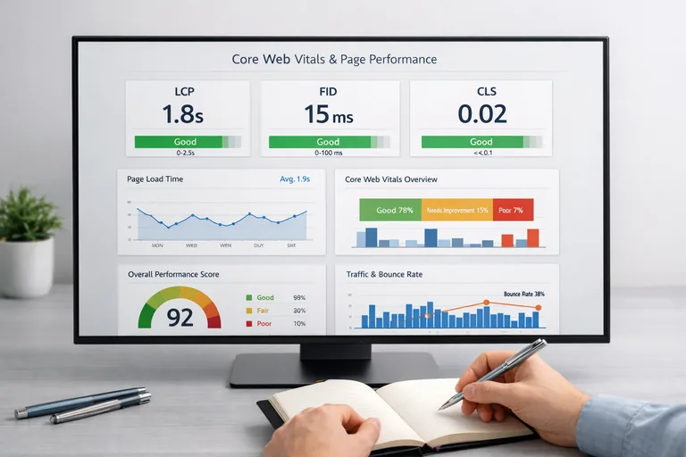 Core Web Vitals verilerini yorumlayıp aksiyonlamak Sayfa hızı metrikleri ve Core Web Vitals değerlerinin yorumlandığı bir analiz panosu görünümü