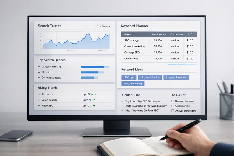 Web sitesi içerik planı, anahtar kelime stratejisi ve arama trendlerini inceleyen pazarlama uzmanı çalışma süreci