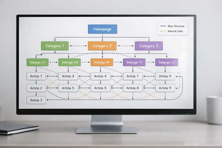 Web sitesi içerik mimarisini gösteren sayfa hiyerarşisi ve bağlantılarla oluşturulmuş yapı diyagramı